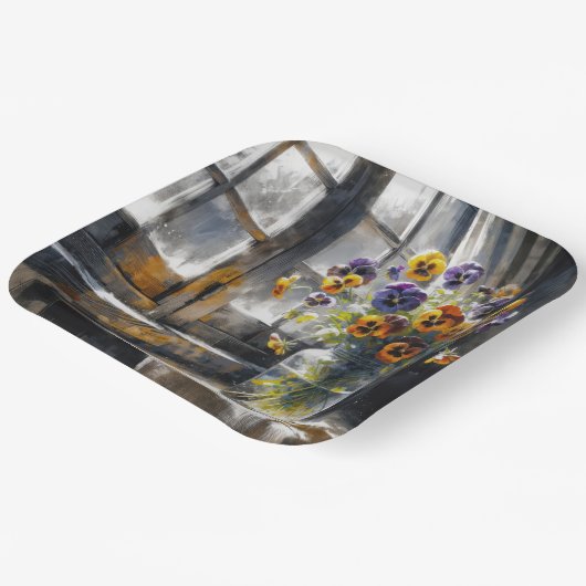 窓の印象派のパンジーの花束 ペーパープレート (傾斜あり)