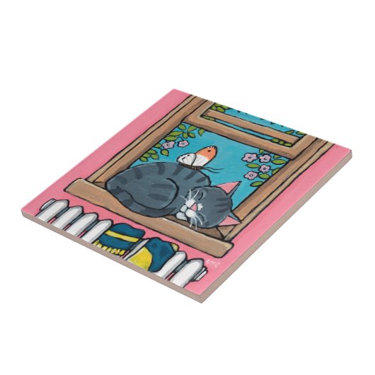 窓の土台の蝶を持つ睡眠の虎猫猫 タイル (側面)