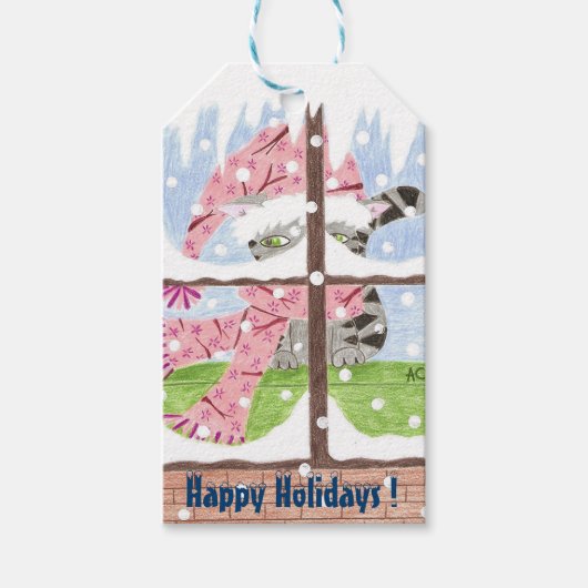 窓の外を見ているタビー猫ギフトラベル ギフトタグ (正面)