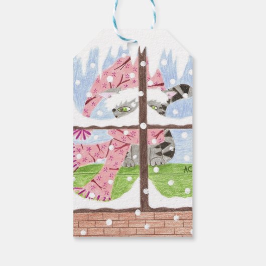 窓の外を見ているタビー猫ギフトラベル ギフトタグ (裏面)