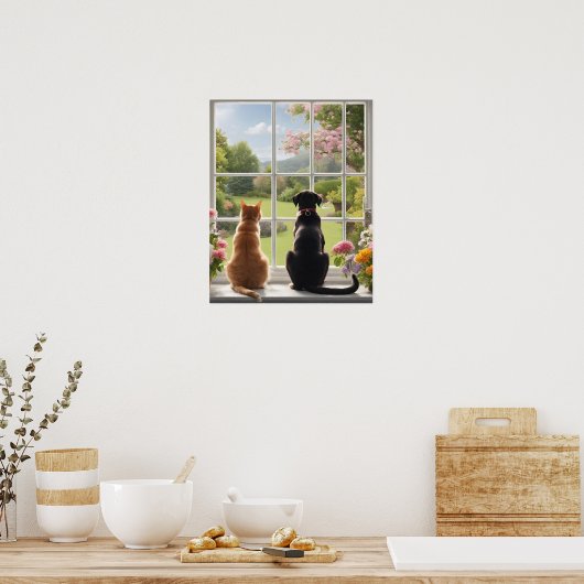 窓の外を見ている猫犬 ポスター (キッチン)