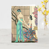 窓の挨拶状によるアールデコの女性 カード (黄色い花)