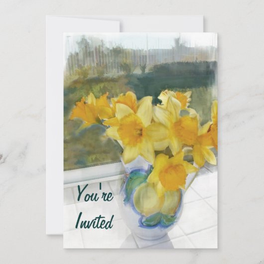 窓の春の黄色いラッパスイセン 招待状 (正面)