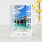 窓の海桟橋の眺め カード (黄色い花)