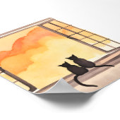 窓の猫 | 日没の水彩シルエットアート ポスター (角)