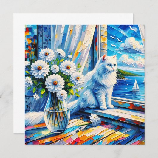 窓の白い猫の窓枠を見て海 (正面/裏面)