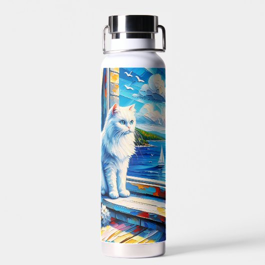 窓の白い猫の窓枠を見て海 ウォーターボトル (背面)