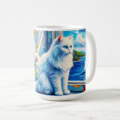 窓の白い猫の窓枠を見て海 コーヒーマグカップ (正面右)