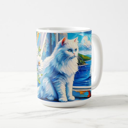 窓の白い猫の窓枠を見て海 コーヒーマグカップ (正面右)