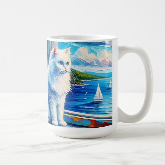 窓の白い猫の窓枠を見て海 コーヒーマグカップ (右)