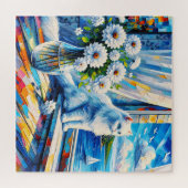 窓の白い猫の窓枠を見て海 ジグソーパズル (横)