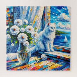 窓の白い猫の窓枠を見て海 ジグソーパズル