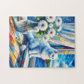 窓の白い猫の窓枠を見て海 ジグソーパズル (横)