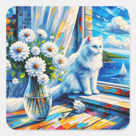 窓の白い猫の窓枠を見て海 スクエアシール