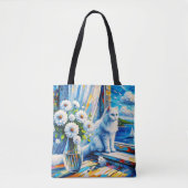 窓の白い猫の窓枠を見て海 トートバッグ (正面)