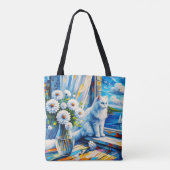 窓の白い猫の窓枠を見て海 トートバッグ (裏面)