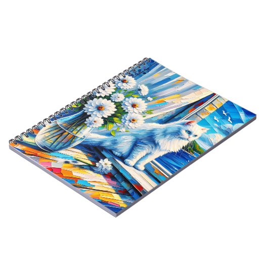 窓の白い猫の窓枠を見て海 ノートブック (左側)