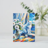 窓の白い猫の窓枠を見て海 ポストカード (スタンド正面)