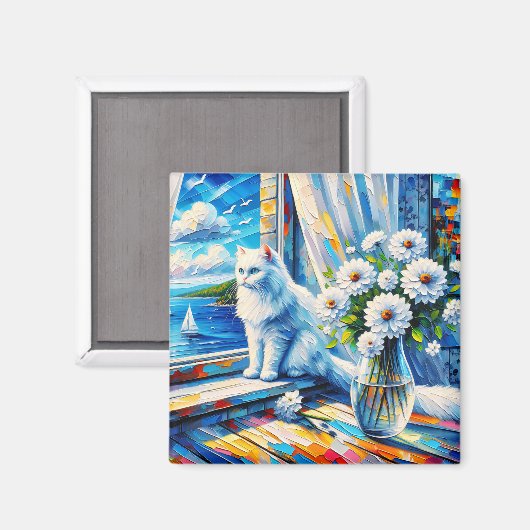 窓の白い猫の窓枠を見て海 マグネット (正面/裏面)