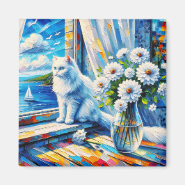 窓の白い猫の窓枠を見て海 マグネット