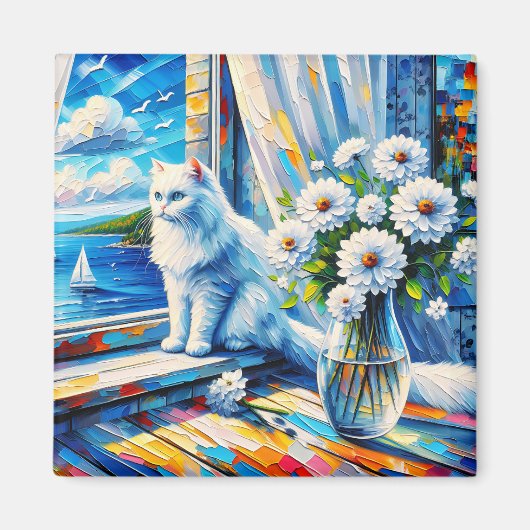 窓の白い猫の窓枠を見て海 マグネット (正面)