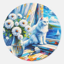 窓の白い猫の窓枠を見て海 ラウンドシール