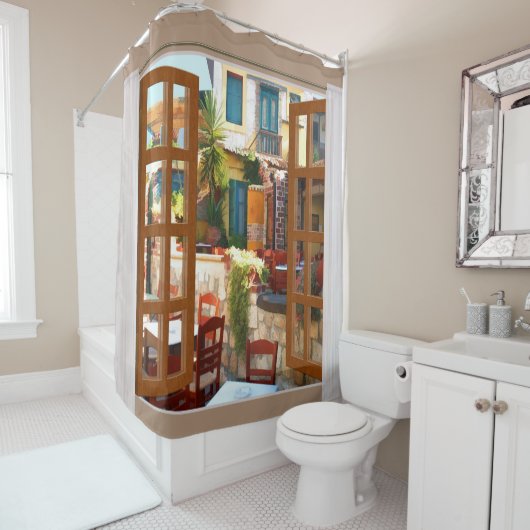 窓の眺めの地中海のな屋外のカフェ シャワーカーテン (インサイチュ)