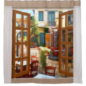 窓の眺めの地中海のな屋外のカフェ シャワーカーテン (正面)