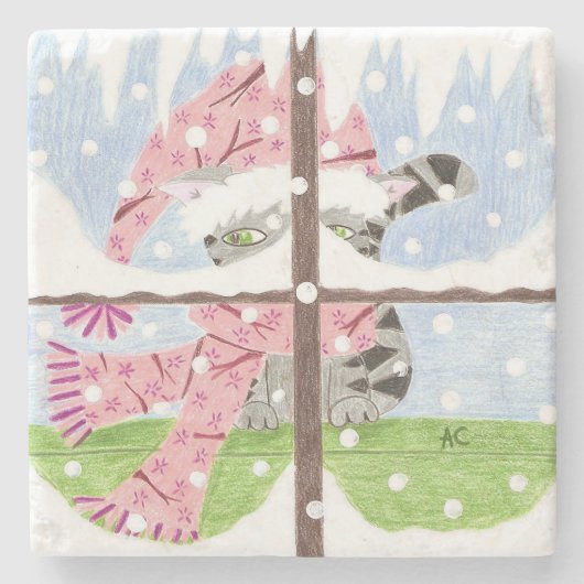 窓の石のコースターを眺めるタビー猫 ストーンコースター (正面)