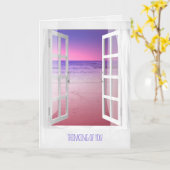 窓の紫の海の考える日の出 カード (黄色い花)