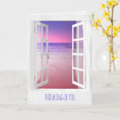 窓の紫の海の考える日の出 カード (黄色い花)