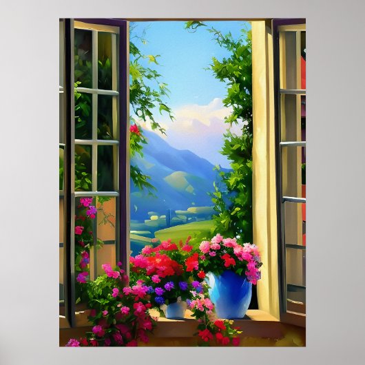 窓の風景アート 山の花 18x24ポスター ポスター (正面)