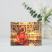 窓を覗くヴィンテージのクリスマスガール シーズンポストカード (スタンド正面)