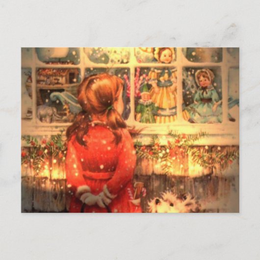 窓を覗くヴィンテージのクリスマスガール シーズンポストカード (正面)