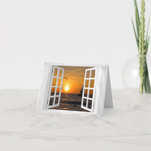 窓を開けた帆船　夕焼けの情景　哀愁 サンキューカード (正面)