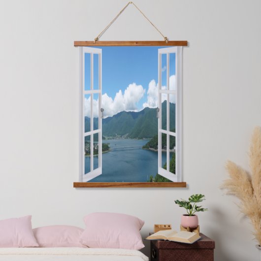 窓ビューレイクアンドマウンテンズウォールタペストリー 吊り下げ型タペストリー (寝室)