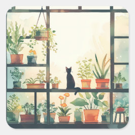 窓ミニマル近くの可愛い黒猫と植物 スクエアシール
