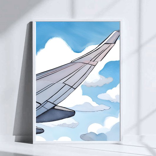 窓側の席 | 飛行機の翼 空 水彩画 旅行 ポスター