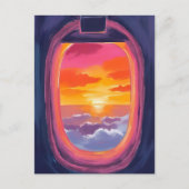 窓側座席サンセット飛行機旅行絵を描の ポストカード (正面)