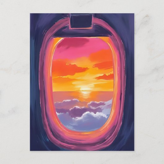 窓側座席サンセット飛行機旅行絵を描の ポストカード (正面)