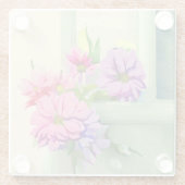 窓敷居にピンクと紫の花 ガラスコースター (裏面)