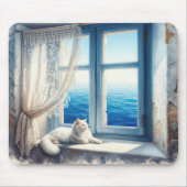 窓枠の白い猫と海 マウスパッド (正面)