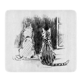 窓辺から外を見る犬と猫 ペットへのお悔やみ カッティングボード