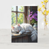 窓辺でうたた寝する猫 | お誕生日おめでとう カード (黄色い花)