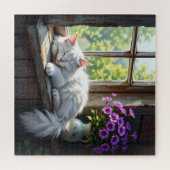 窓辺でうたた寝する猫 | 紫の花 ジグソーパズル (横)