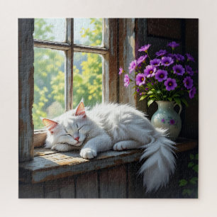 窓辺でうたた寝する猫   紫の花 ジグソーパズル