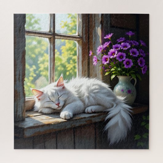 窓辺でうたた寝する猫 | 紫の花 ジグソーパズル (縦)