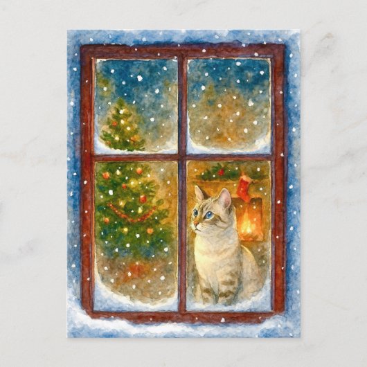 窓辺でくつろぐ猫の冬のクリスマス ポストカード (正面)