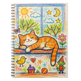 窓辺でゆったりとしたオレンジ色の猫のファンシーなクレヨン画 ノートブック