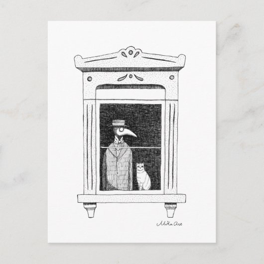 窓辺で猫とペストドクターのステアムパンクアート ポストカード (正面)